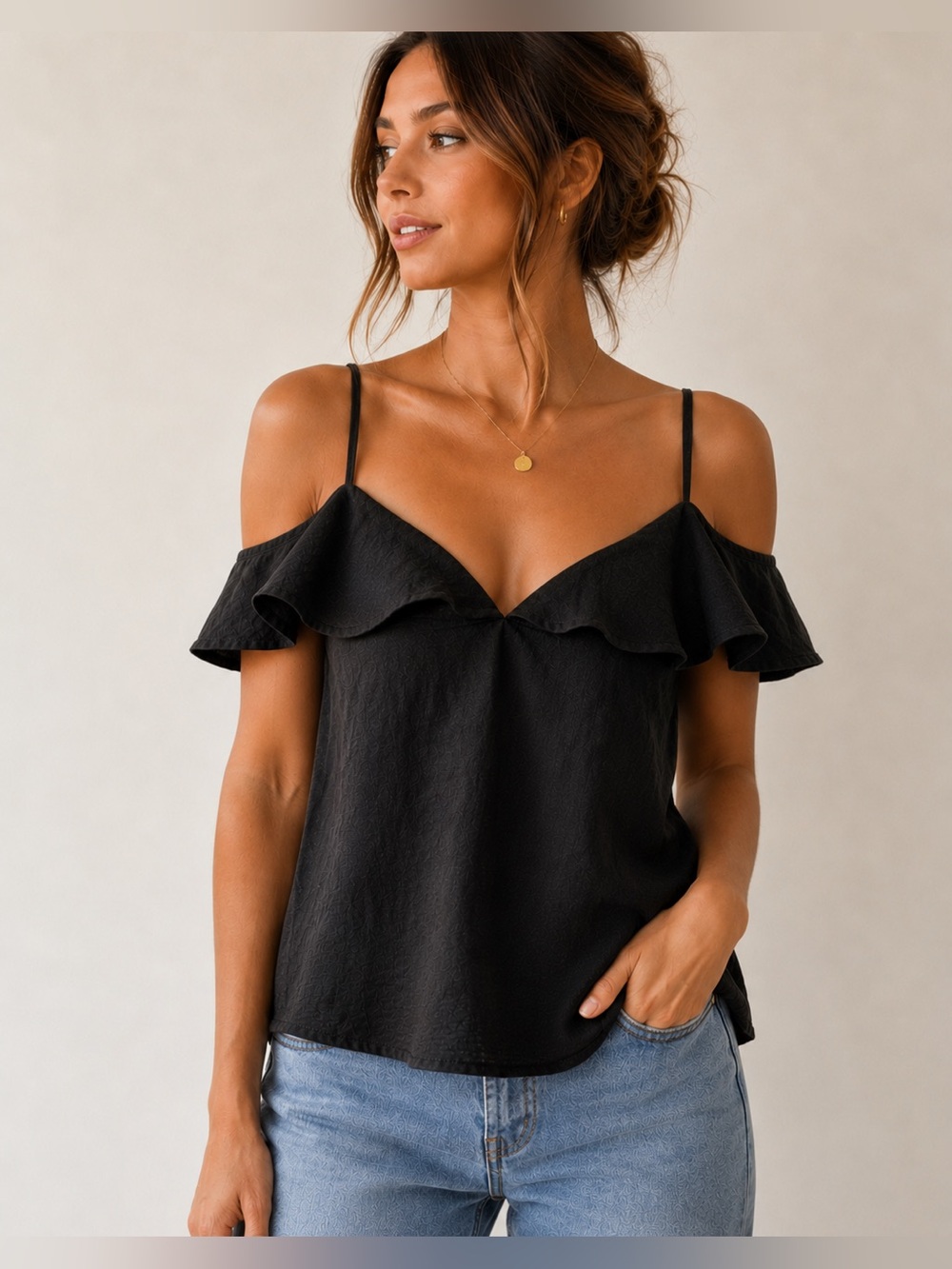 EXPRESS Silky Black Off-Shoulder Flowy Top with Ruffle Sleeves
